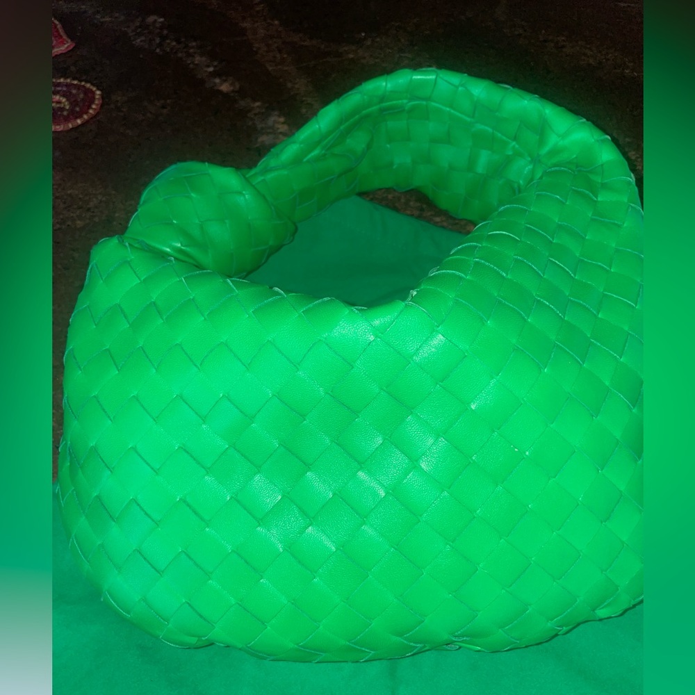 Bottega Veneta Parakeet Green Woven Bag with tags and receipt.